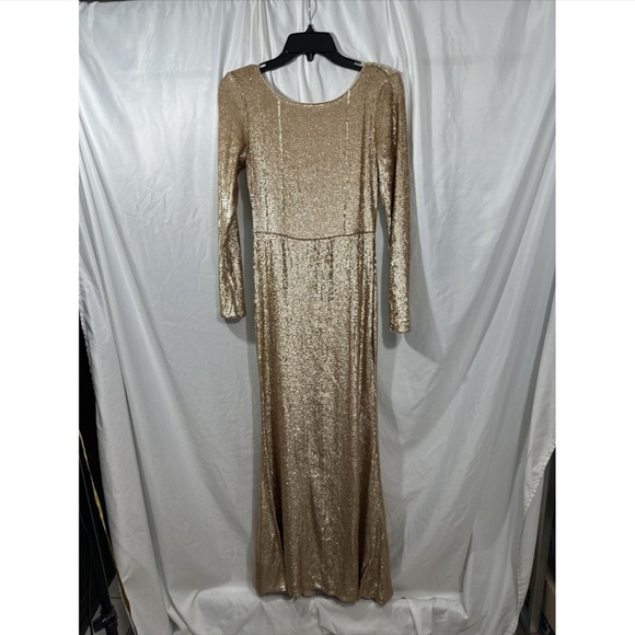 NEW $650 Donna Karan New York [ 4 ] Long Sleeve Stacked Sequin Gown‎ Gold - Picture 7 of 12
